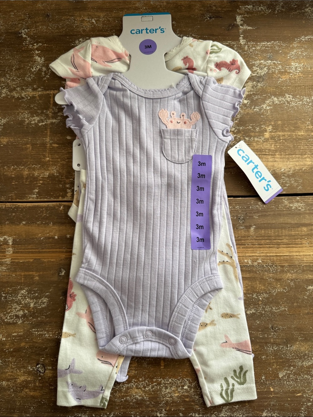 NWT Carter's Baby Girl Lavender Ribbed 2 Piece Bodysuits Outfits Ocean Themed 3M